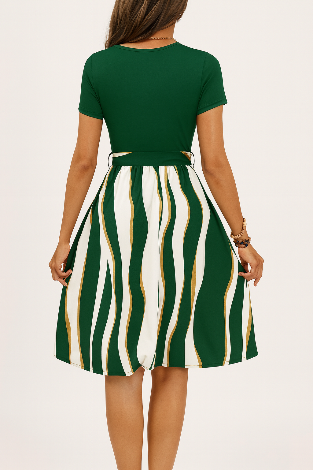 Green & White Striped Belted Dress