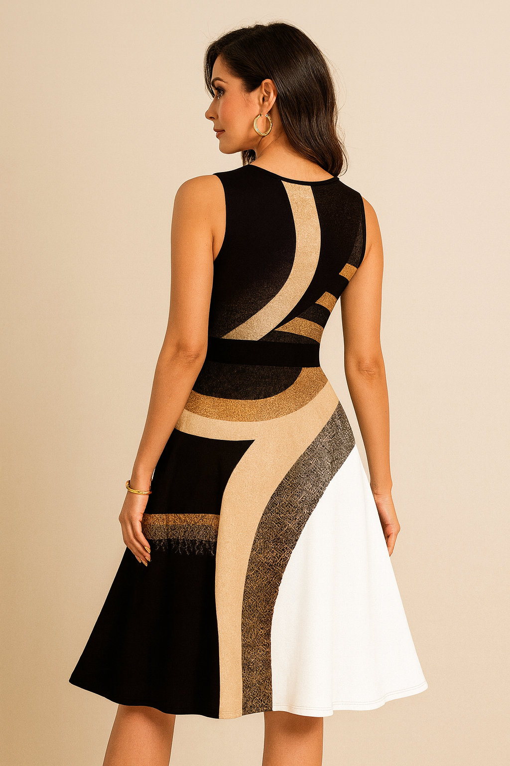 Elegant Geometric Midi Dress with Waist Tie