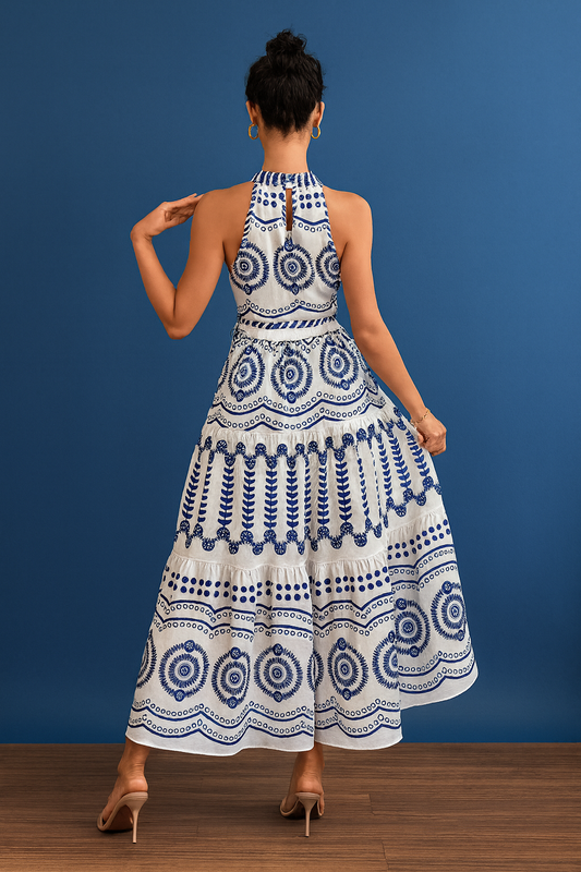 Blue & White Embroidered Halter Maxi Dress