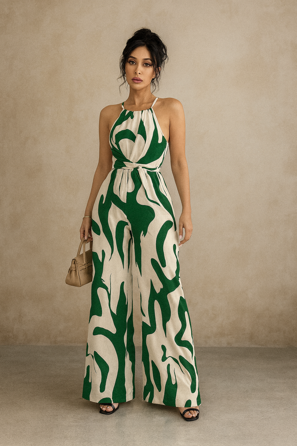 Green Abstract Print Halter Jumpsuit