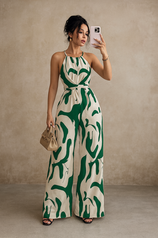 Green Abstract Print Halter Jumpsuit