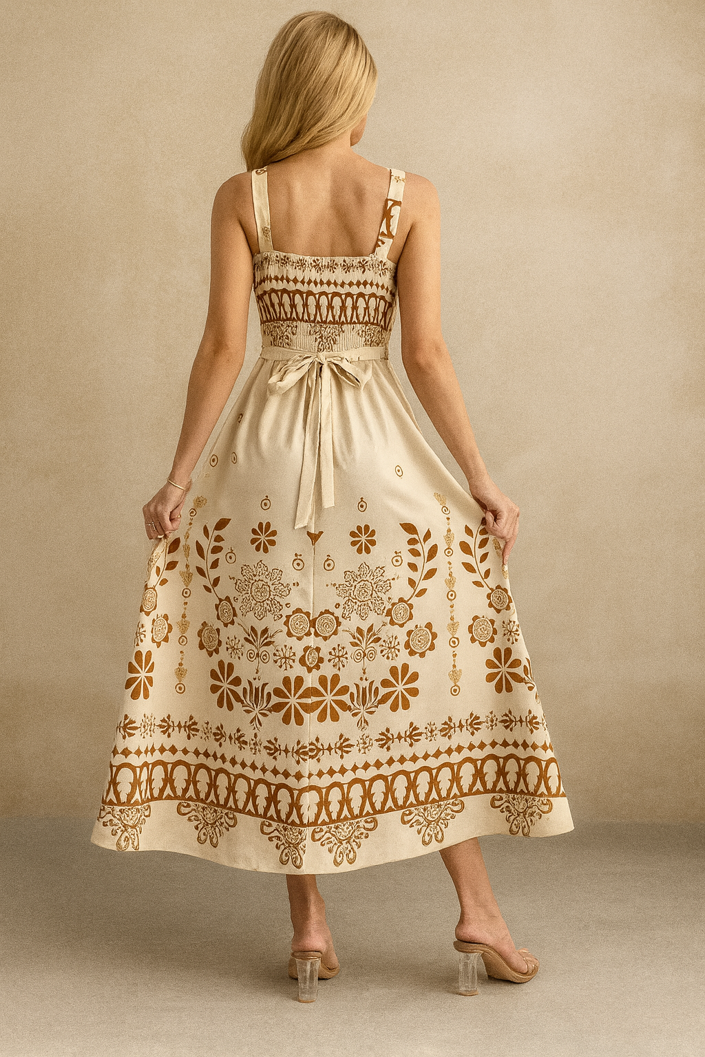 Cream Boho Floral Midi Dress with Square Neck