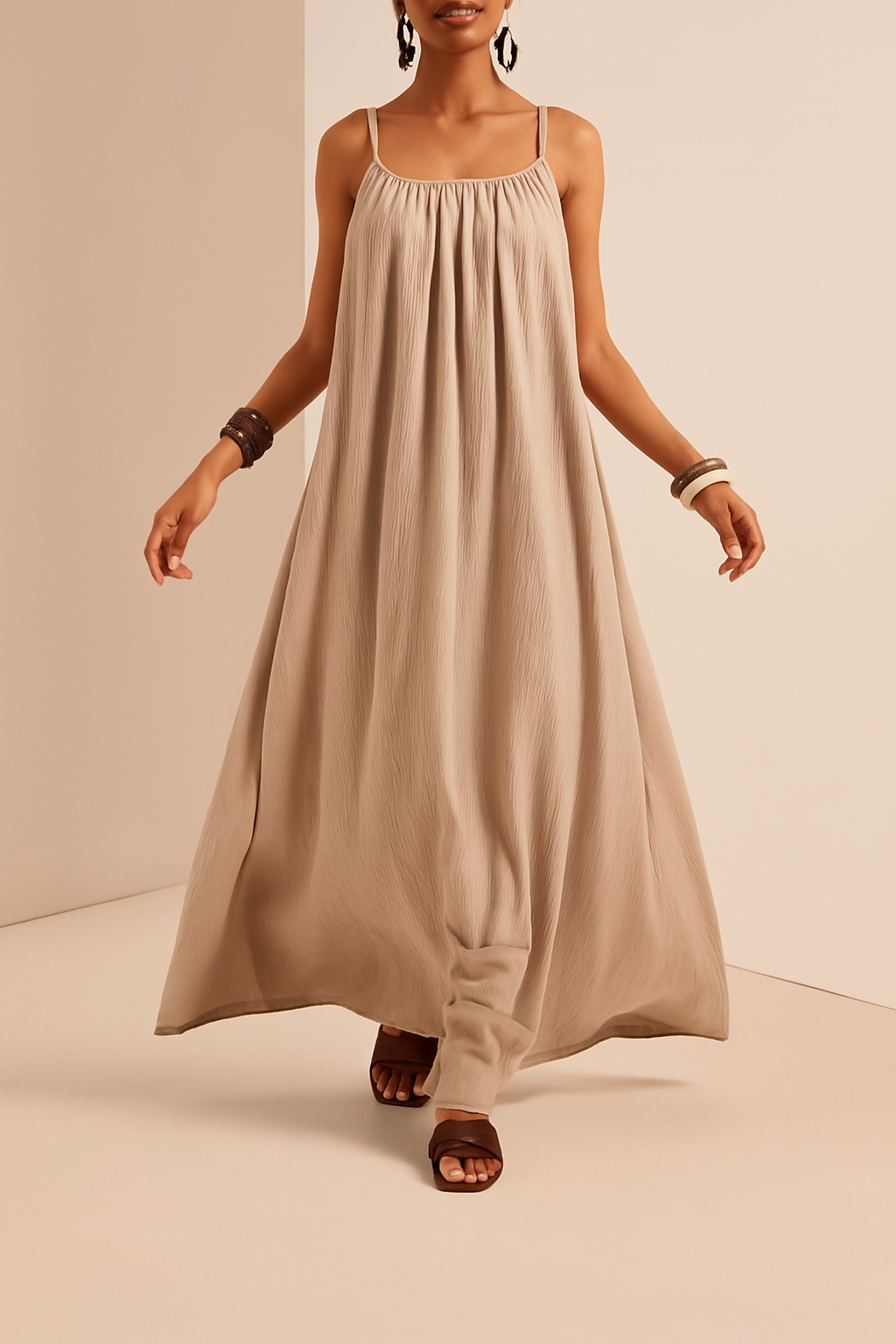 Beige Flowy Maxi Dress with Spaghetti Straps