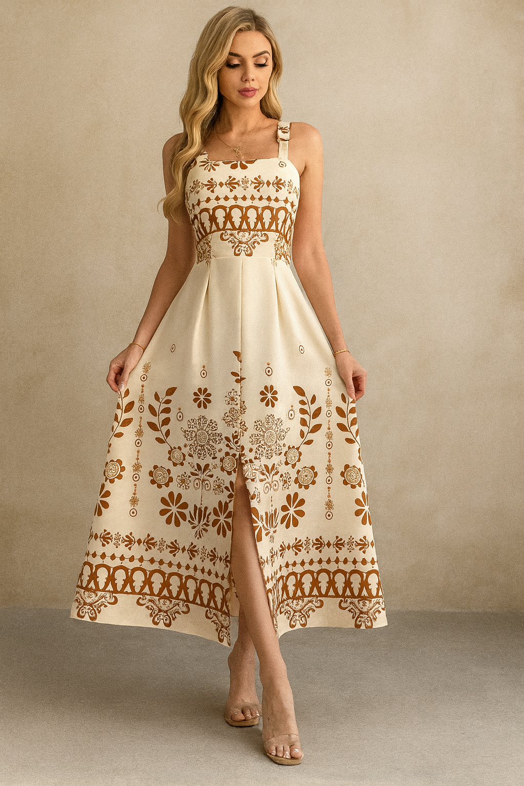 Cream Boho Floral Midi Dress with Square Neck