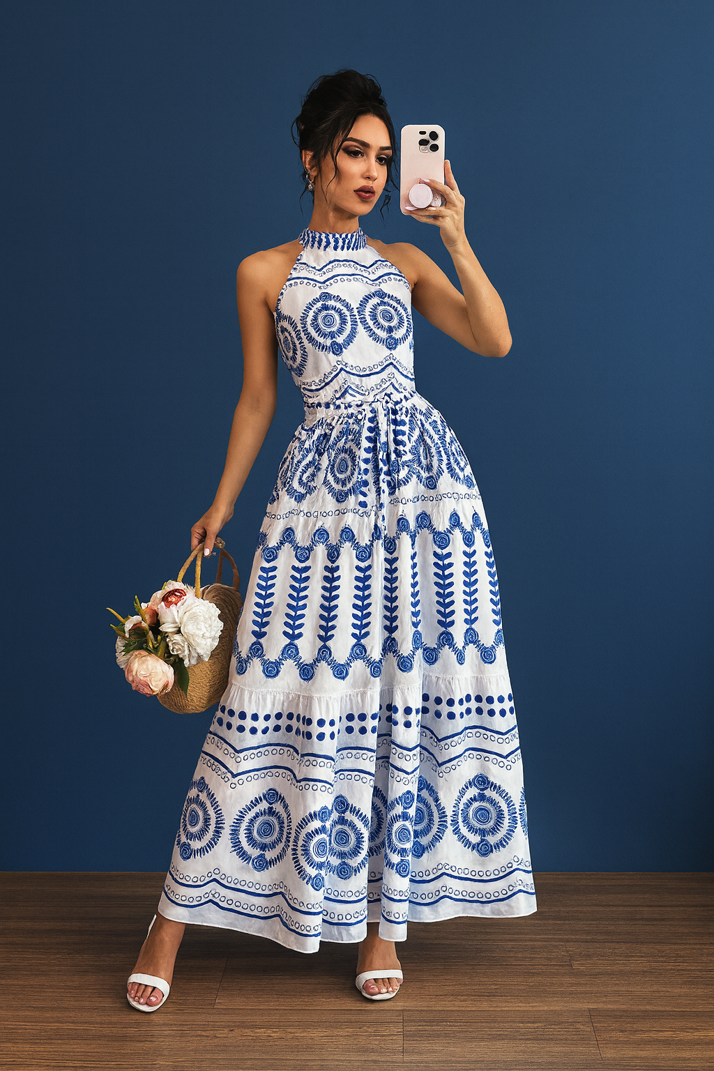 Blue & White Embroidered Halter Maxi Dress