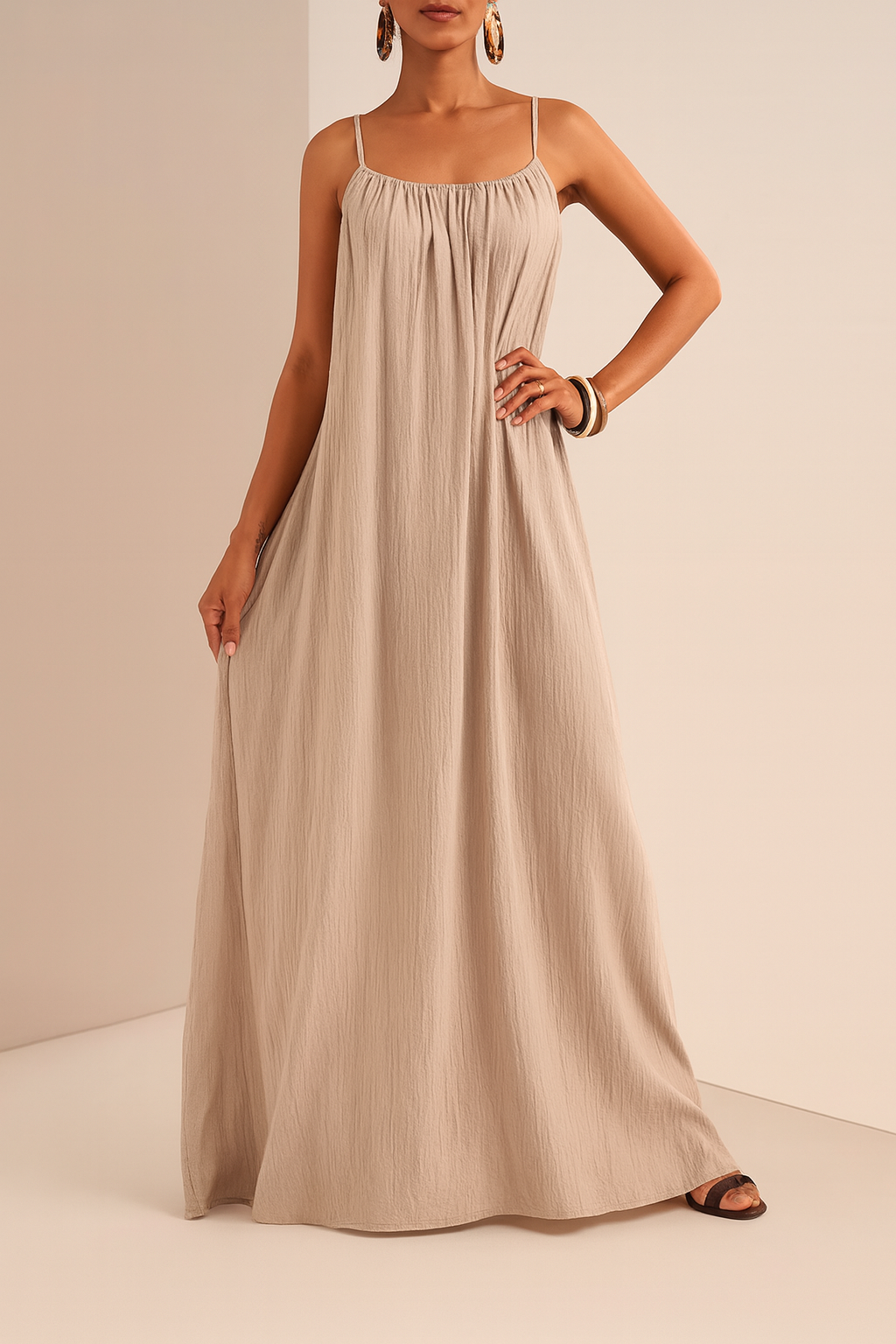 Beige Flowy Maxi Dress with Spaghetti Straps