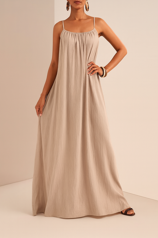 Beige Flowy Maxi Dress with Spaghetti Straps