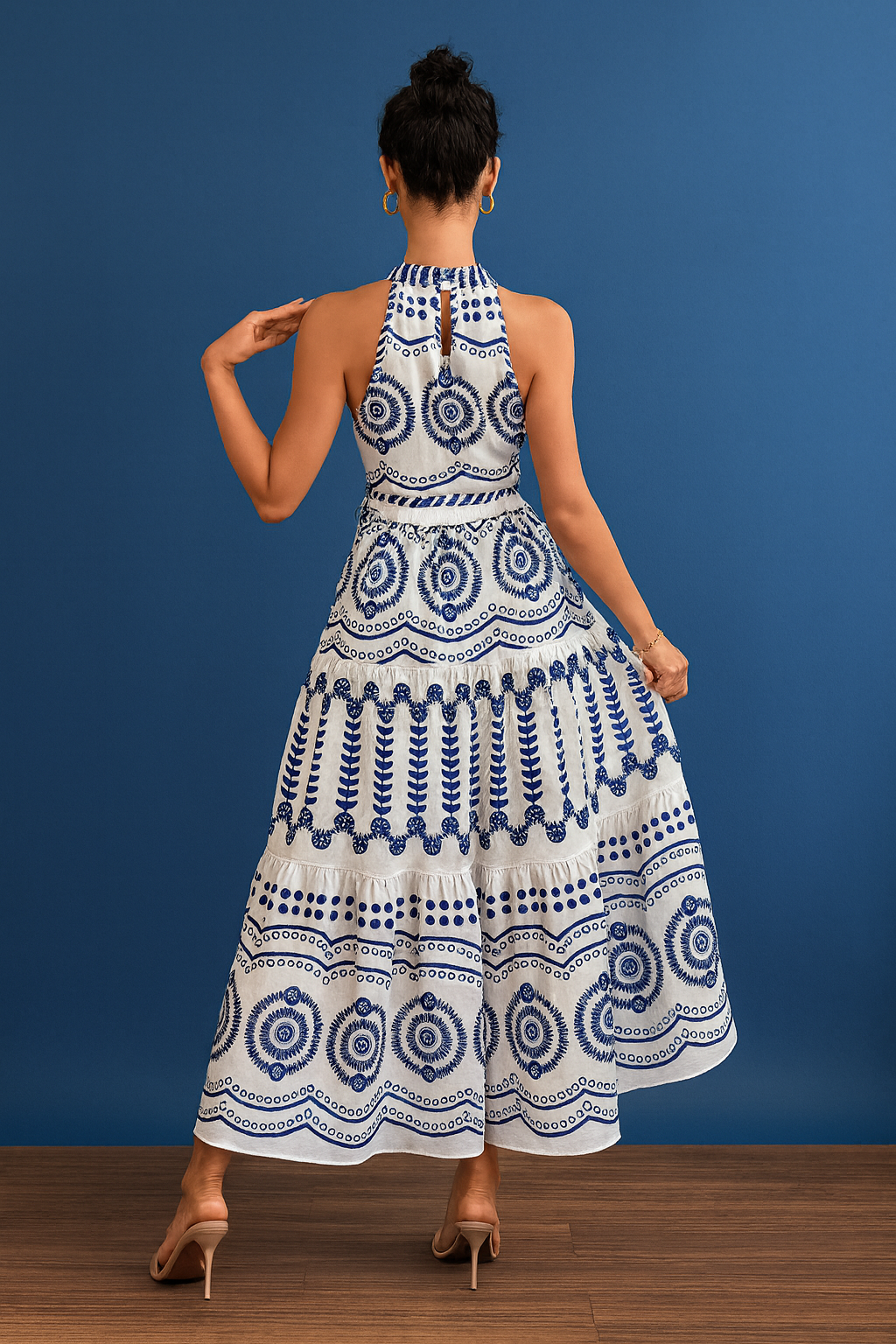 Blue & White Embroidered Halter Maxi Dress