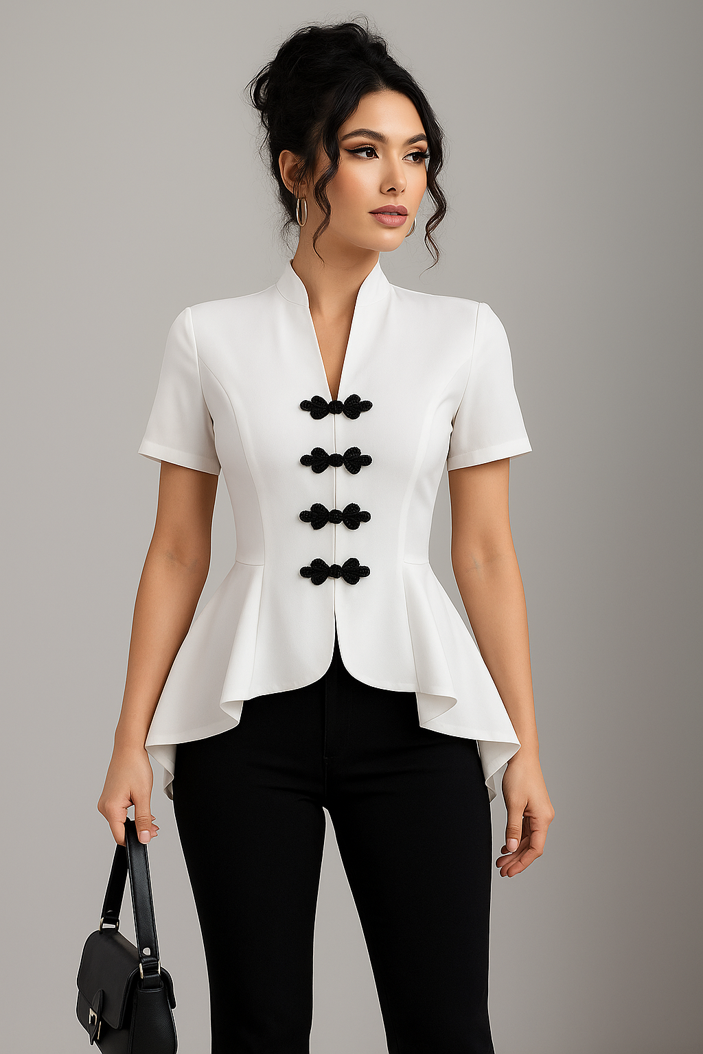 White Peplum Blazer Top with Black Knot Details