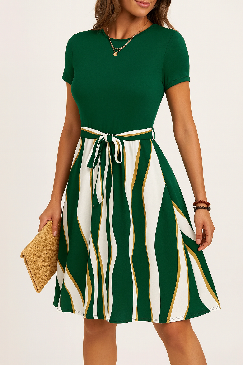 Green & White Striped Belted Dress