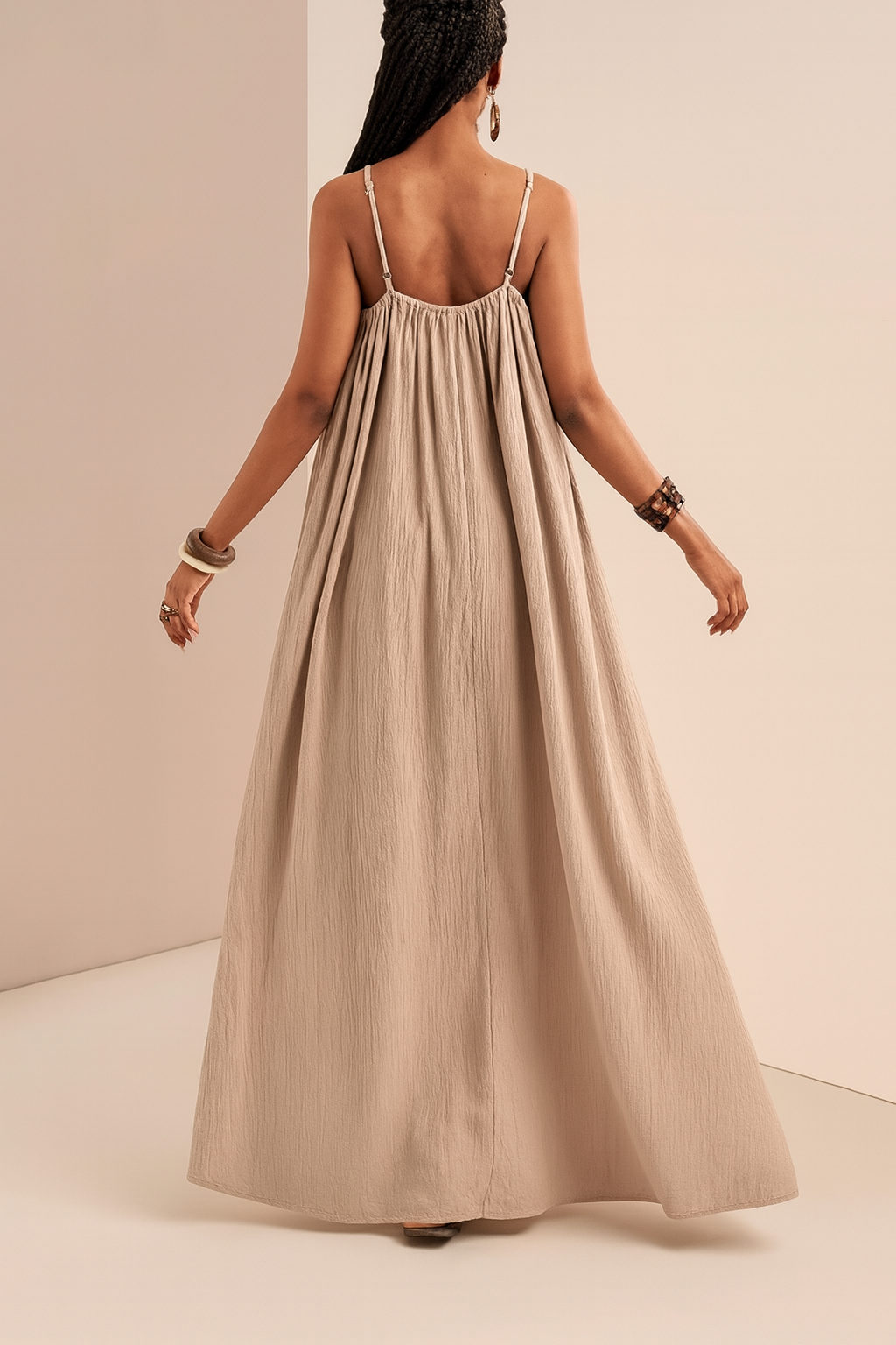 Beige Flowy Maxi Dress with Spaghetti Straps